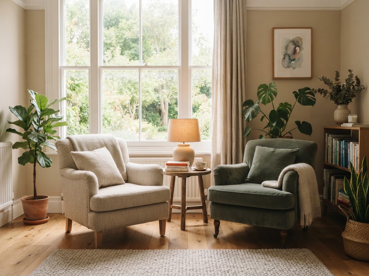 Warm, softly lit therapy room with two chairs facing a window in Spokane